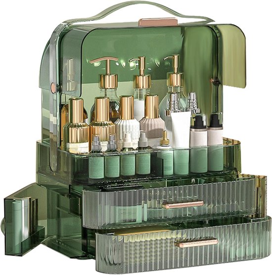 Groene cosmetica-opbergdoos met transparant deksel, gouden handgrepen en twee lades voor huidverzorgingsproducten.