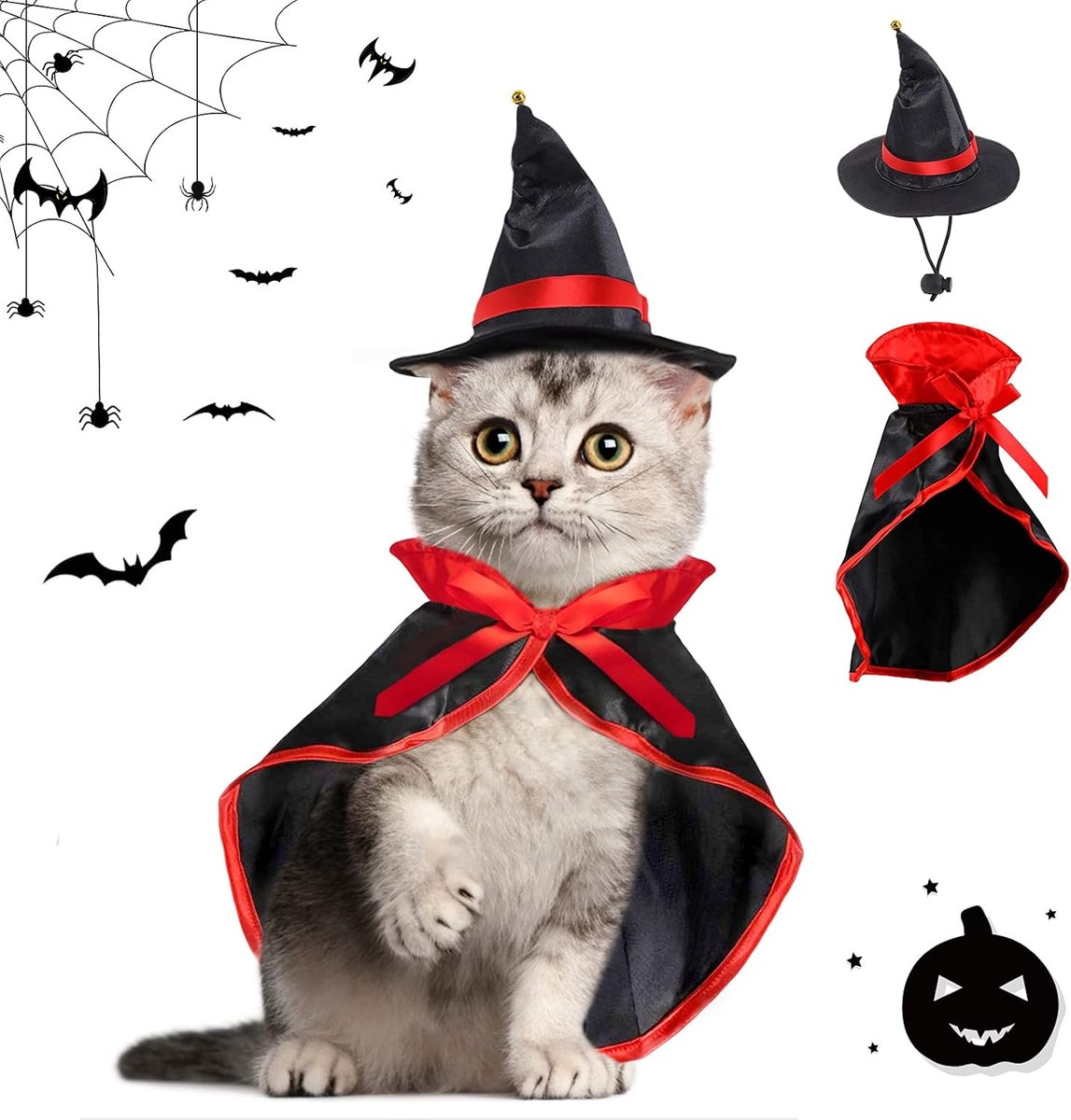 Huisdier kostuum set, vampier, tovenaar hoed, Halloween cape en hoed