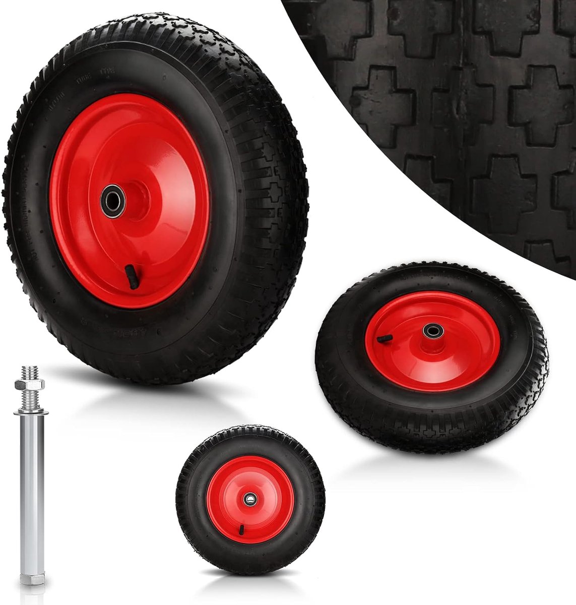 4.80 4.00-8 PU luchtbanden met as, Ø 390 mm, tot 200 kg draagvermogen, bandbreedte 95 mm, set van 4 rubberen wielen, luchtbanden, zwart