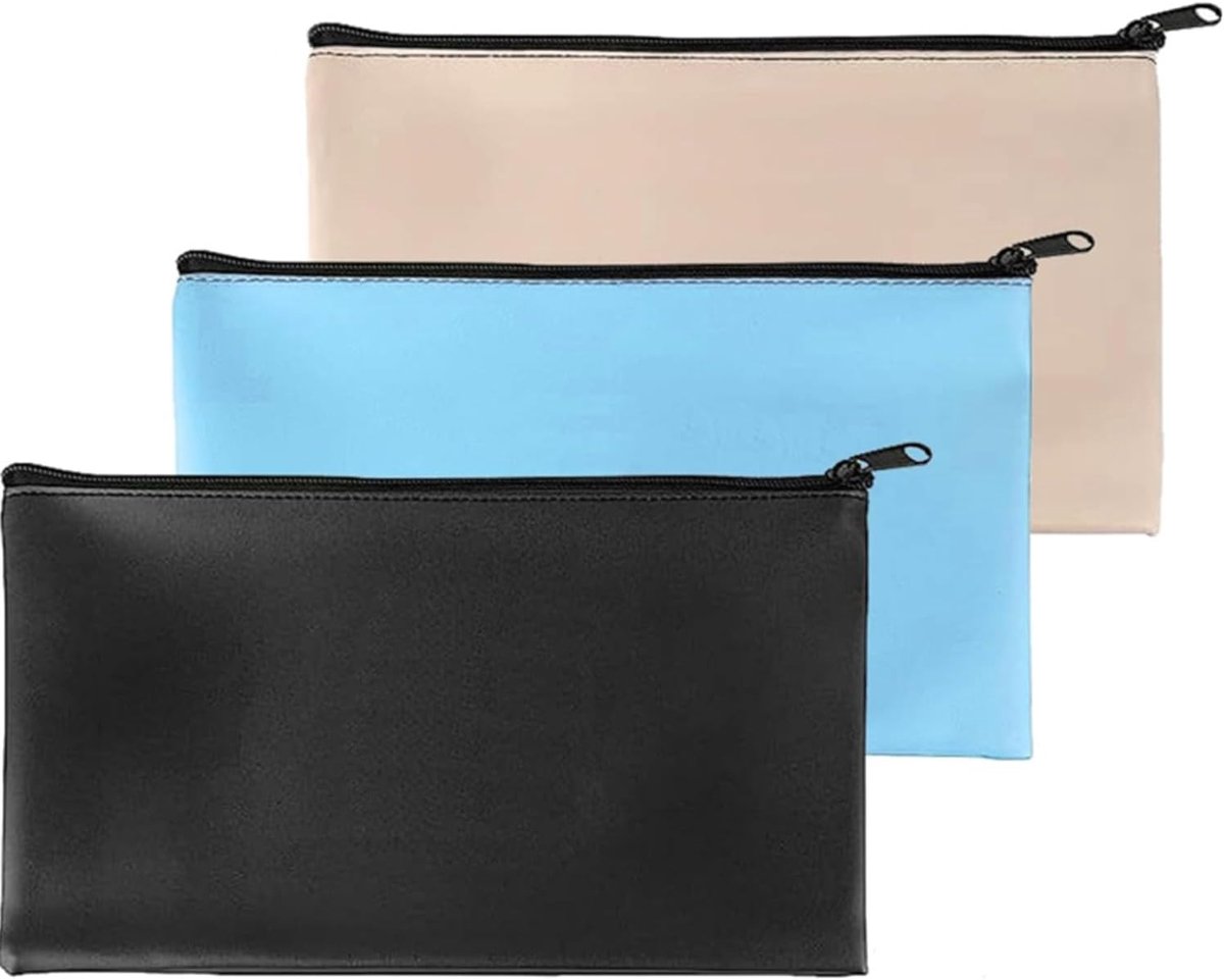 3 stuks geldzakken met ritssluiting - PU lederen geldportemonnee, waterdichte geldhouder voor munten, cosmetica, rekeningen en bankbiljetten | 28 x 15 cm organizer envelop in beige, zwart