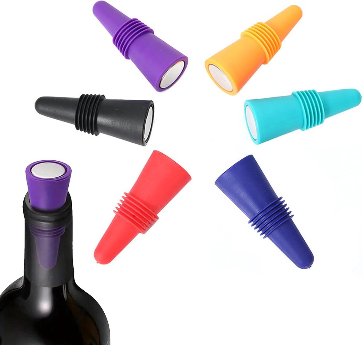 Flessendoppen, set van 6 herbruikbare lekvrije sluitingen, 6 kleuren met roestvrijstalen kern voor Prosecco champagne en wijnflessen, luchtdichte sluiting