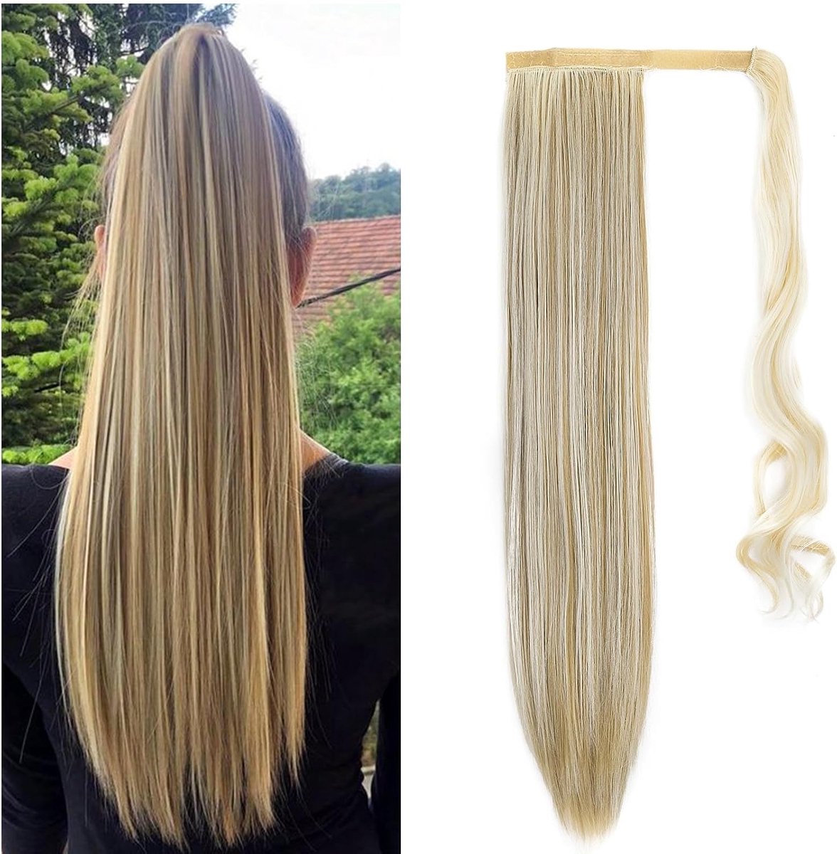 Haarstuk Vlecht Extensies Rechte Lange 60cm Gewikkeld Paardenstaart Haarverlenging Vlecht Clip in Ponytail Ssynthetische Verlenging, Bleek Blond/Sandy Blond