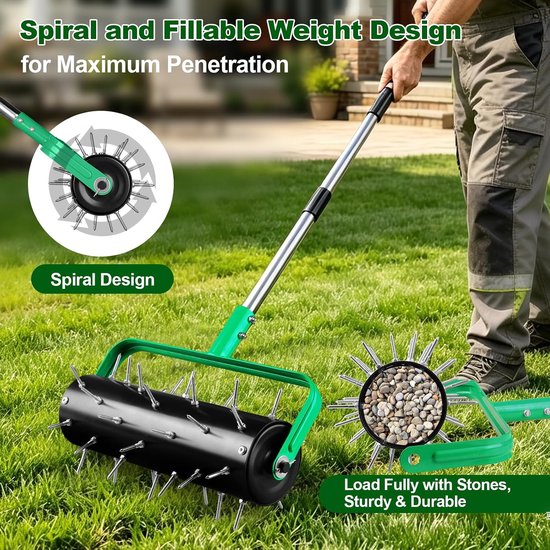 Roller handmatig 38 x 180 cm, gazonrol met 4 cm pennen en verstelbare steel, rollende gazonluchter, rollende handverticuteerder, tuinwals, verticuteerder gazonrol voor tuin, erf en gazon — afbeelding 2