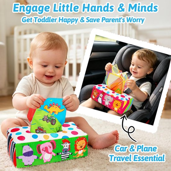 Casalora® Baby tissuebox speelgoed Speelgoed – Trekspeelgoed voor Baby's – Montessori Speelgoed – Zintuiglijk Speelgoed voor Baby's – Zachte Vulling – Ritselend Geluid – Geschikt voor Baby's van 6-36 Maanden – Rood van casalora — afbeelding 3