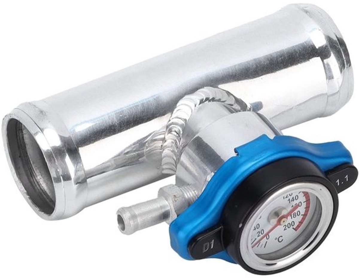 Dailygoods- Vulslang voor koelvloeistof - Vulstuk voor aluminium radiatorslang, 38 mm - Temperatuurmeter - Roestwerend - Duurzaam uitgevoerd - Zilverkleurige poedercoating - Radiatorslang