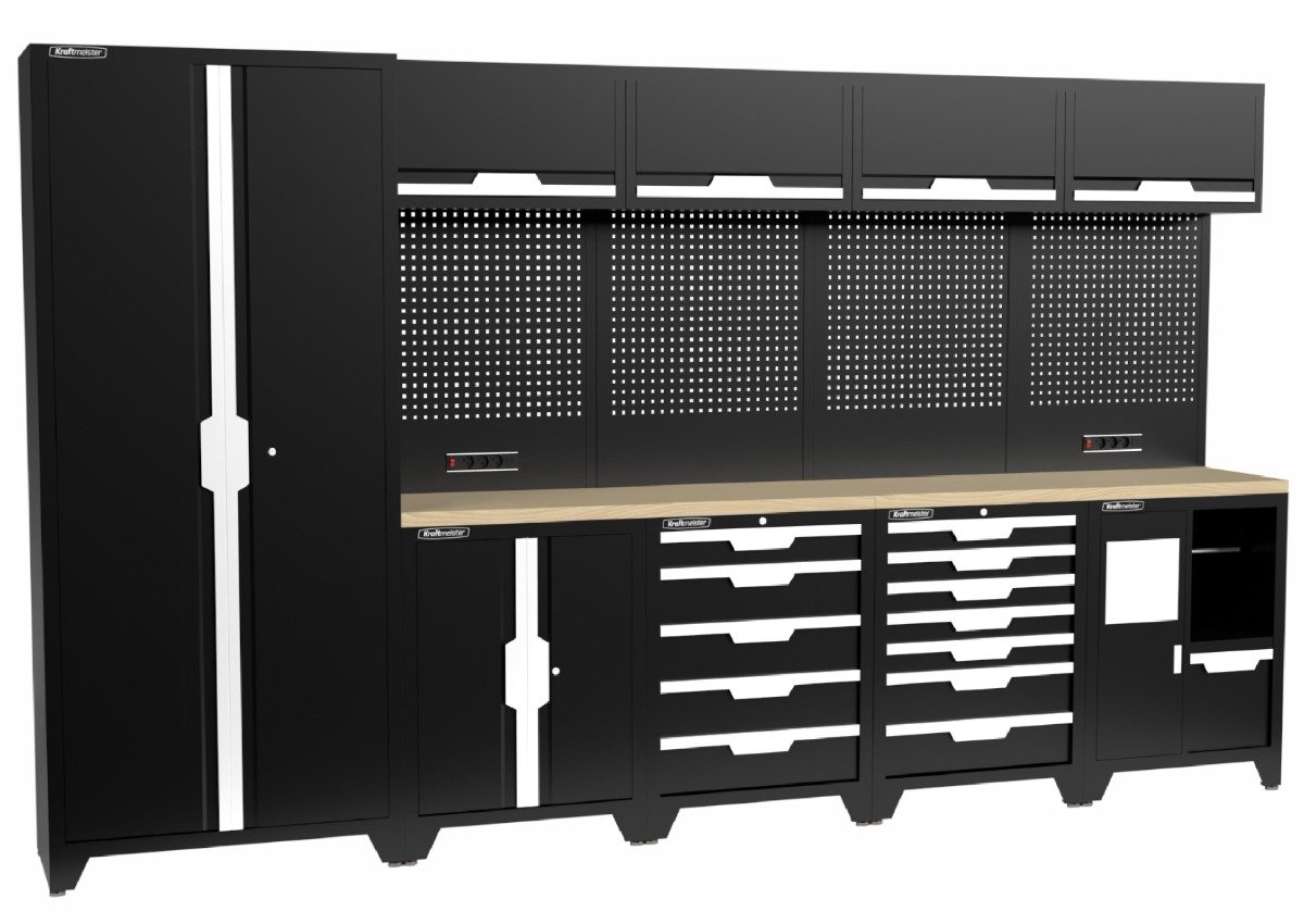 Kraftmeister werkplaatsinrichting - Werkbank met 4 wandkasten, 1 werkplaatskast en multiplex werkblad - Werktafel met 12 laden, 1 opbergkast, 1 prullenbak en gereedschapswand - Complete set voor werkplaats of garage - Zwart