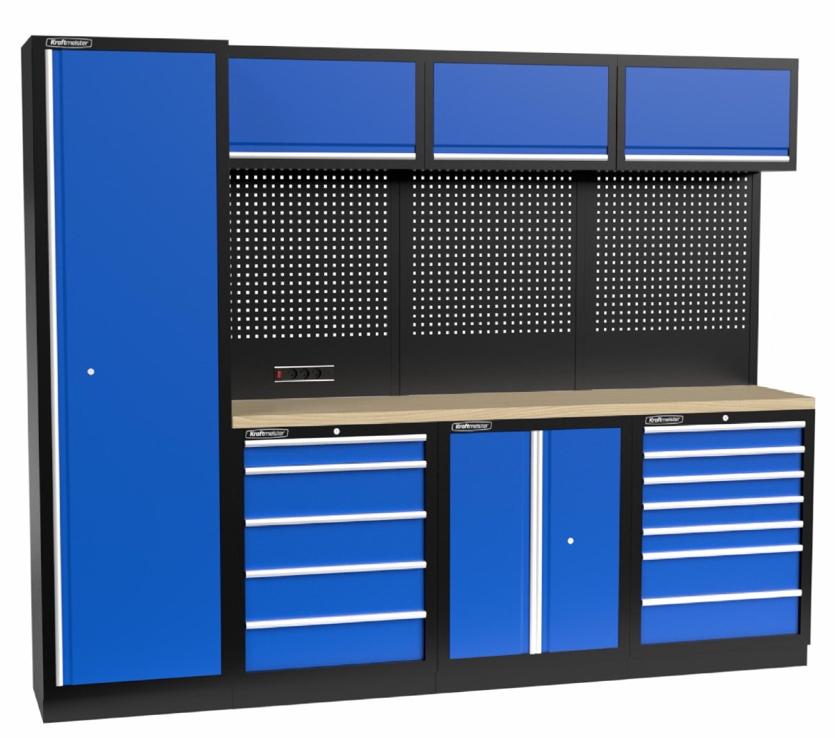 Kraftmeister werkplaatsinrichting - Werkbank met 3 wandkasten, 1 werkplaatskast, 1 opbergkast en multiplex werkblad - Werktafel met 12 laden en gereedschapswand - Complete set voor werkplaats of garage - Blauw