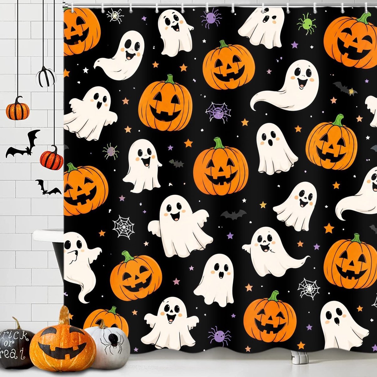 Douchegordijn Halloween 180 x 200 cm - schattige geest en pompoen - waterdicht en wasbaar - ShopVlot