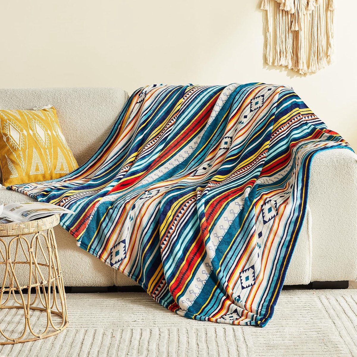 Dailygoods- Fleece Deken Ultra Zacht - 150 x 200 cm - Boho Plaid - Blauwe Gestreepte Deken - Lichtgewicht - Flanel Materialen