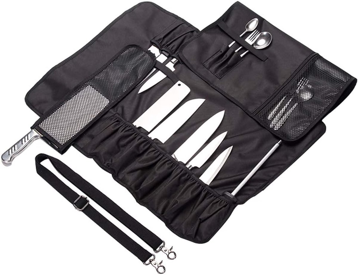 SnelShoppen - Chef's Knife Roller Bag met 17 Compartimenten, Waterdichte Messentas voor Keukengerei, Lichtgewicht en Duurzaam, 66cm x 50cm, Zwart