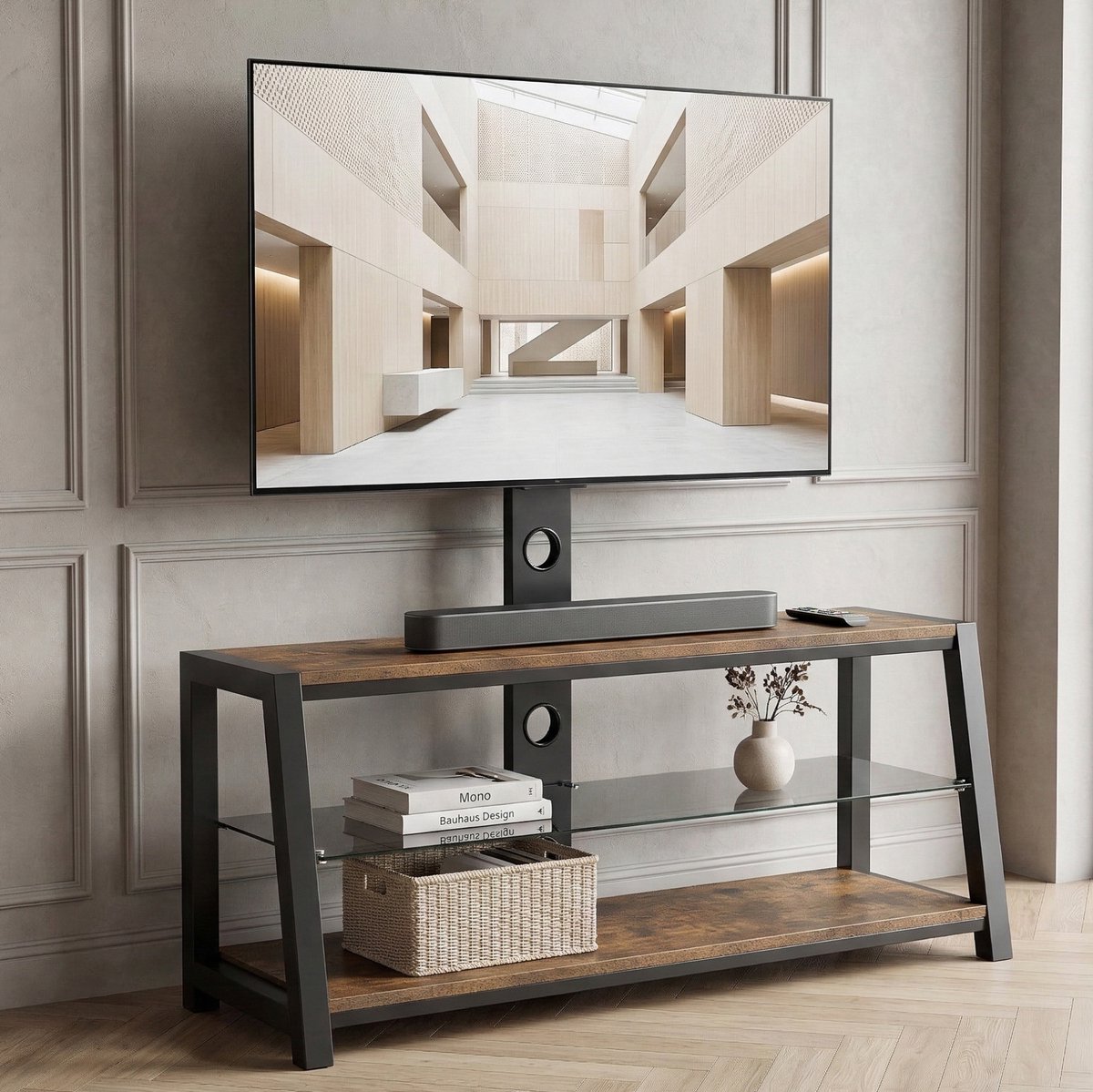 WUVRIE TV-meubel 116 x 42 x 125 cm - Draaibare, in hoogte verstelbare tv-standaard - Bruin/zwart