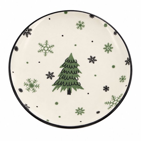 Wit bord met kerstboom en groene en zwarte sneeuwvlokken. Zwarte rand.