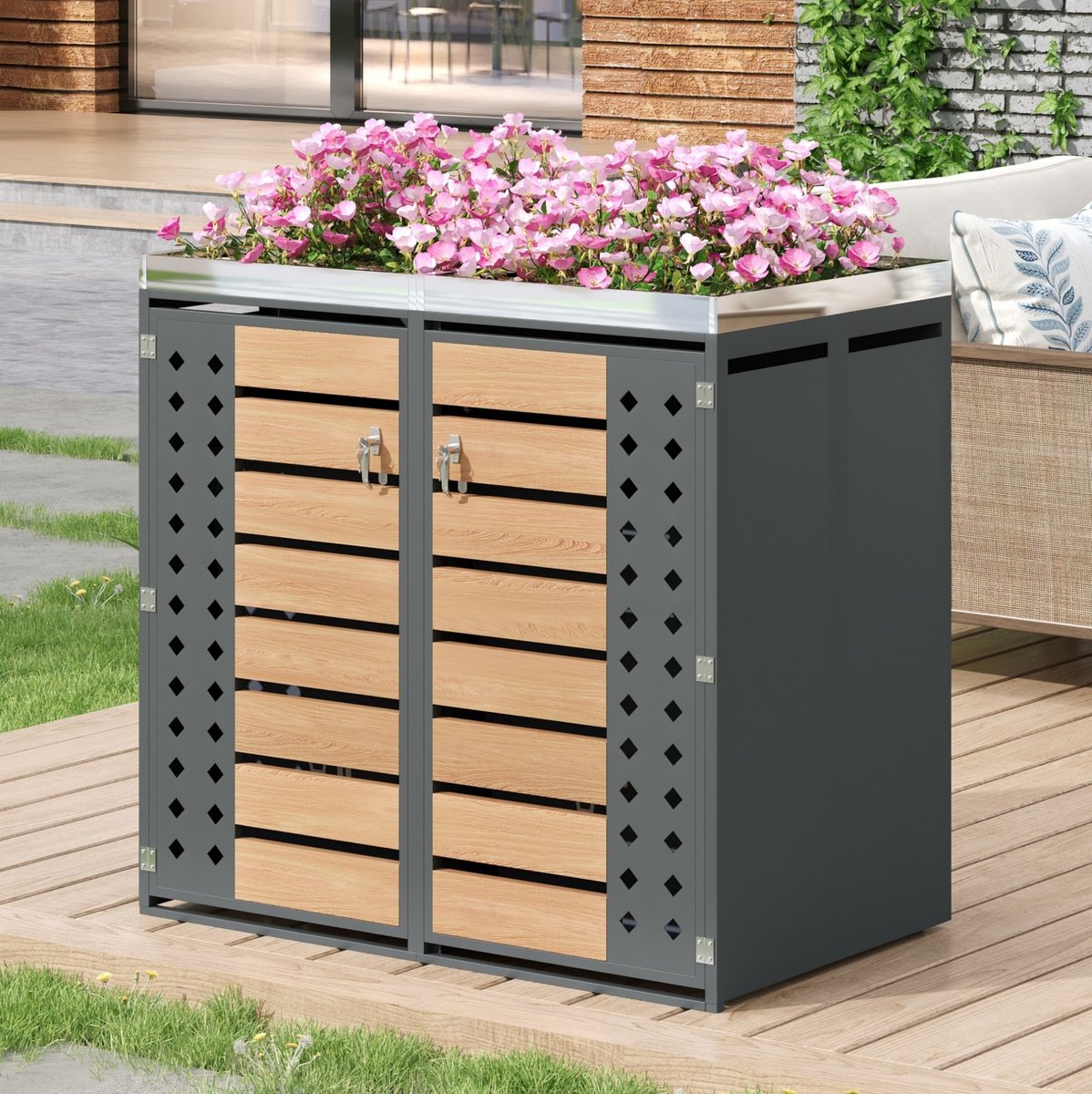 WUVRIE - Containerberging 132x80x124,58 cm - 2 afsluitbare vakken met plantenbak - Grijs/houtlook