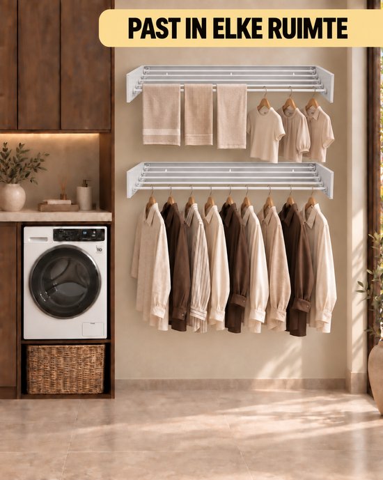 Een wasruimte met een witte wasmachine, een wit uitklapbaar droogrek met handdoeken en een ander wit droogrek met kleding.