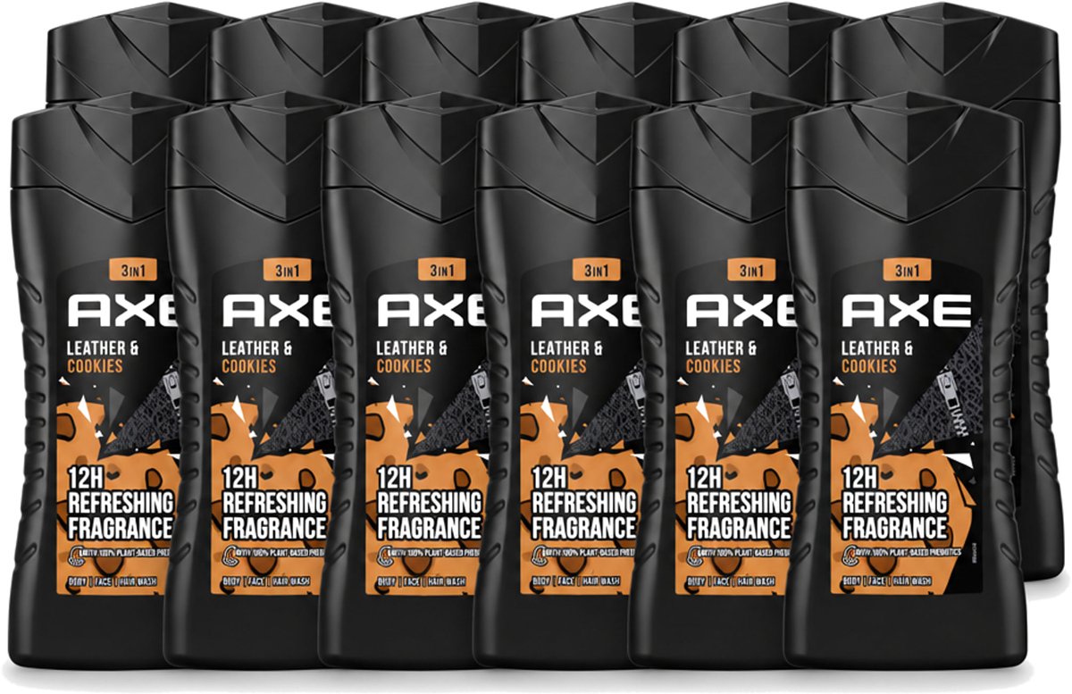 12 x Axe - 3-in-1 Douchegel - Leather & Cookies - 100% Plantaardig - 250 ml - Voordeelverpakking - 12 stuks