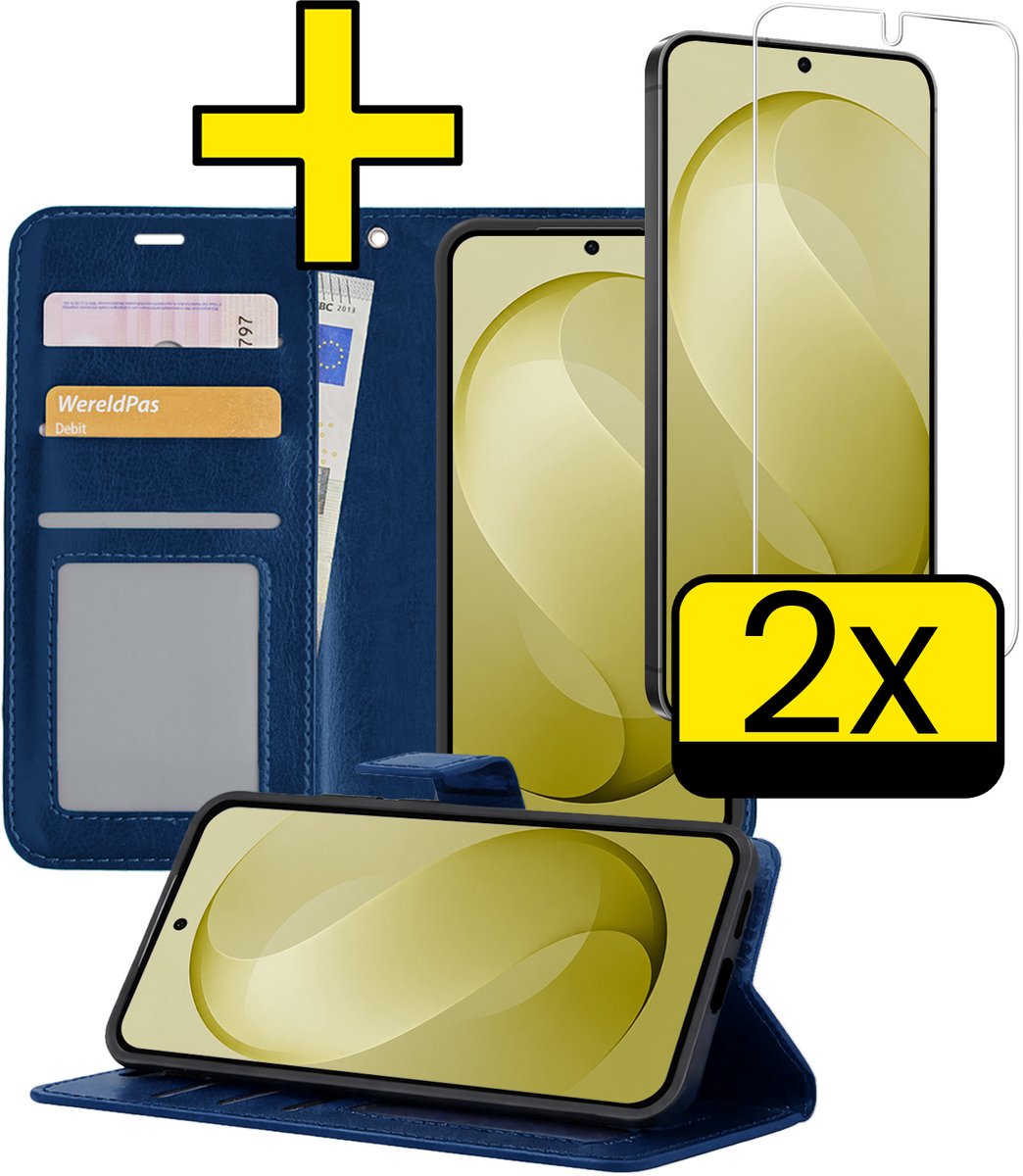 Hoesje - Met 2x Screenprotector - Geschikt voor Samsung Galaxy S26 FE - Luxe Pasjeshouder - Bookcase Portemonee - Flip Case - Kunstleer Book Case - Flipcase Hoes - Book Cover - Walletcase - Portemonneehoes - Telefoonhoesjes - Donkerblauw