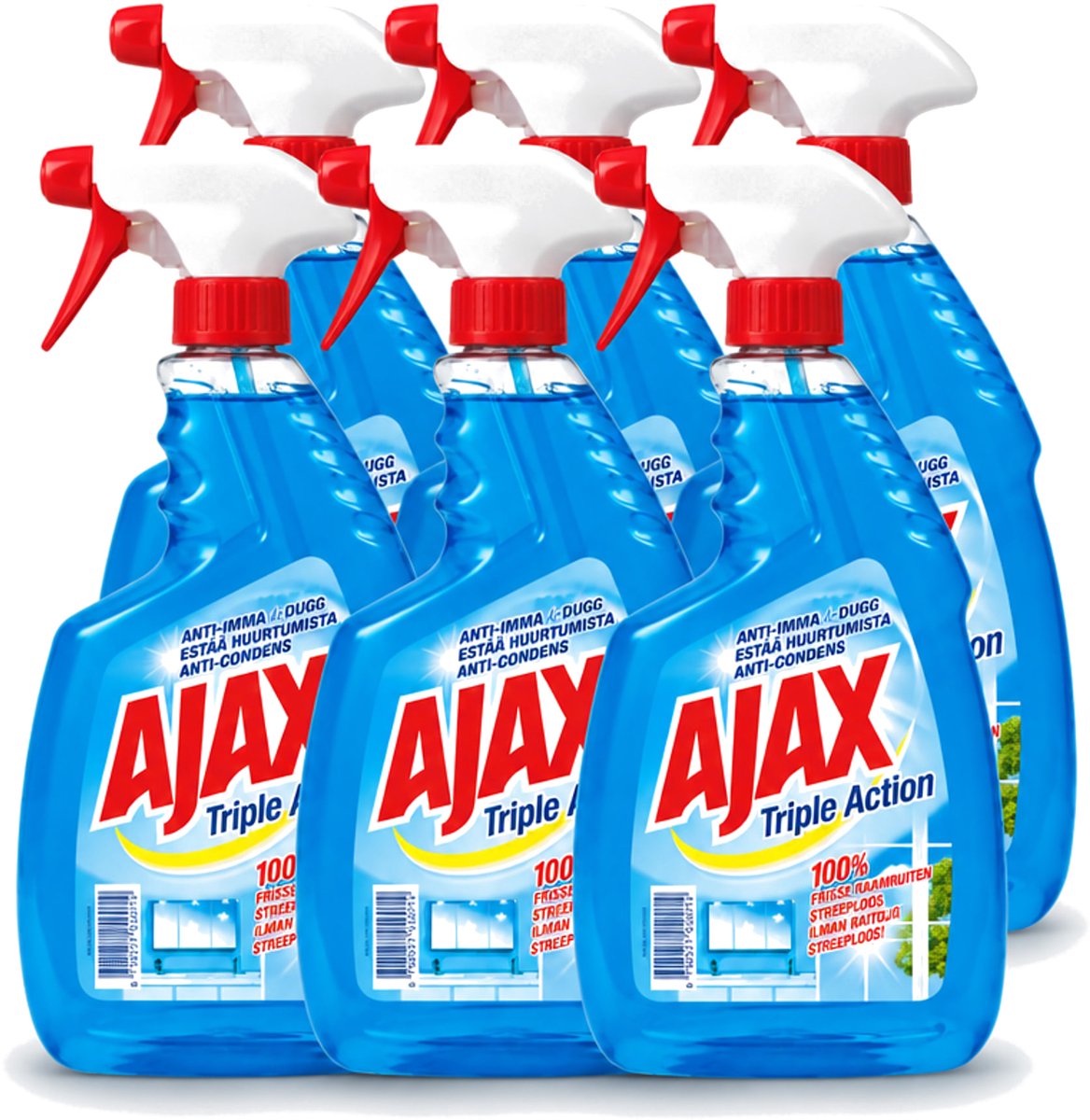 6 x Ajax - Glasreiniger Spray - Triple Action - Streeploos Schoon - Anti-Condens - 750 ml - Voordeelverpakking - 6 stuks