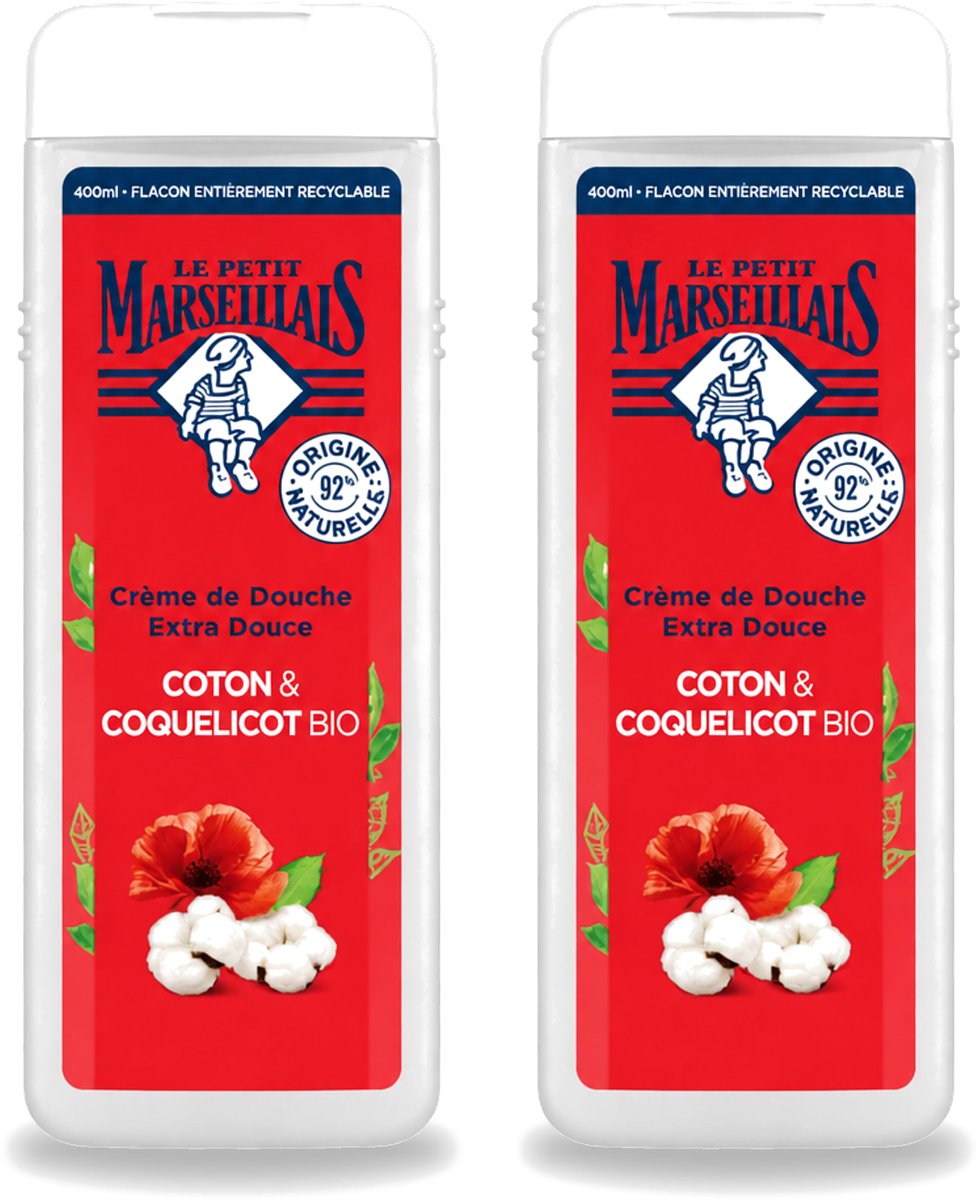 2 x Le Petit Marseillais – Douchegel – Bio Katoenmelk & Papaver – 400 ml - Voordeelverpakking - 2 stuks