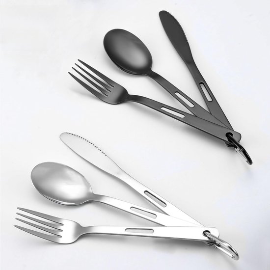 Set van drie stuks - Zilveren servies set - Outdoor camping roestvrijstalen mes vorklep set - Reizen draagbare koffer - met klimknop, opvangtas - Zwart — afbeelding 3