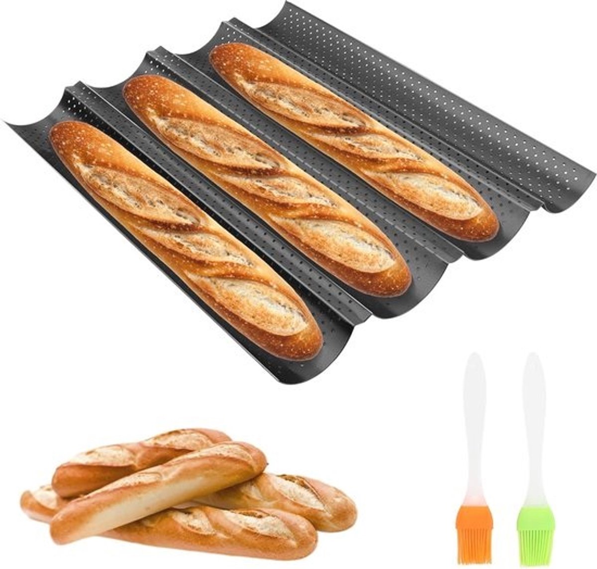 Baguette-bakvorm voor 4 stokbroden - Antiaanbaklaag, geperforeerde bakplaat