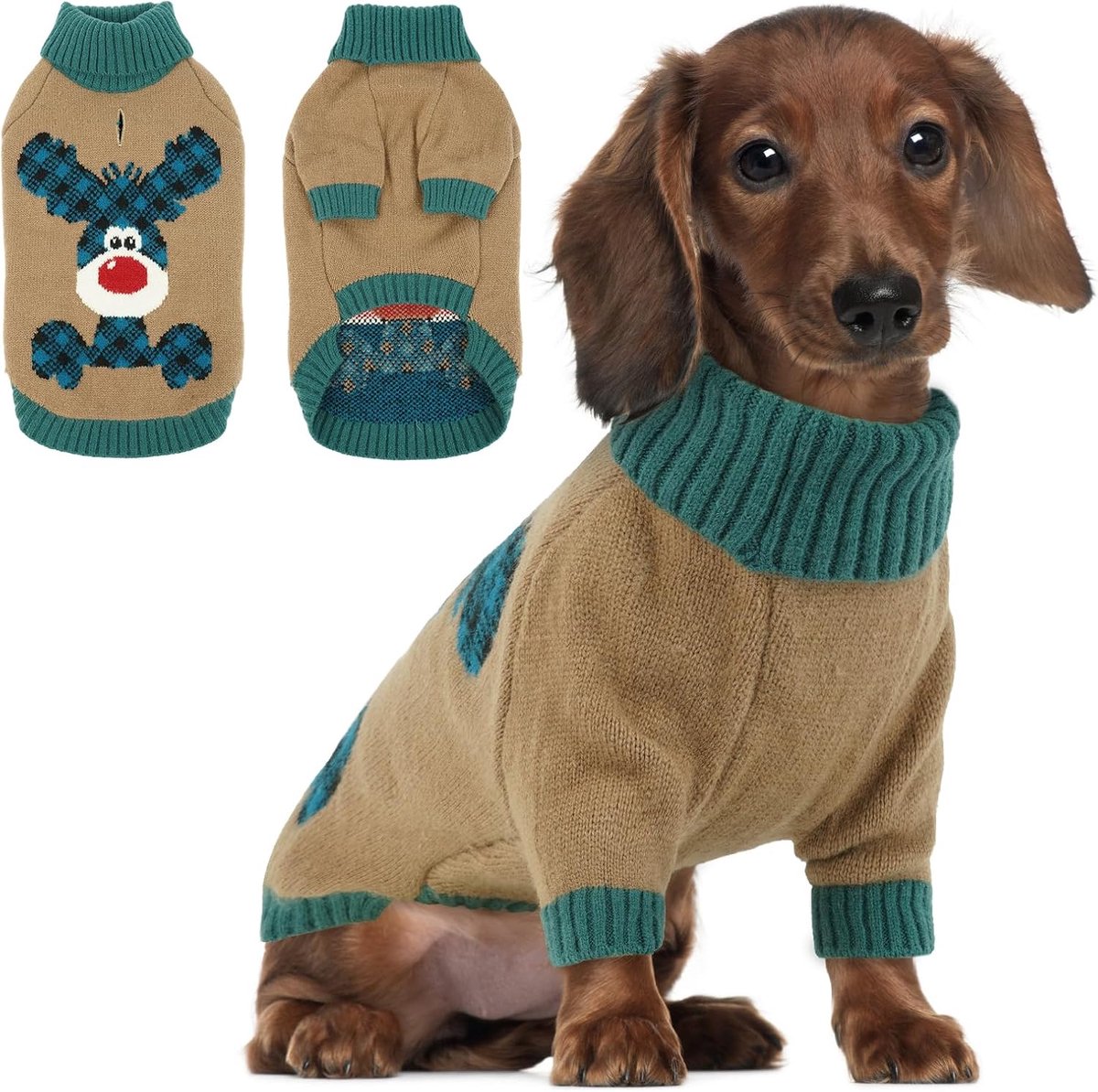 Hondentrui voor Kerstmis - Feestelijk rendier en tartan gebreid | Dik en warm met riemgat | Hoge hals | Ideaal voor Maltees, Bichon Frise, mini-teckel (lichtbruin, M)