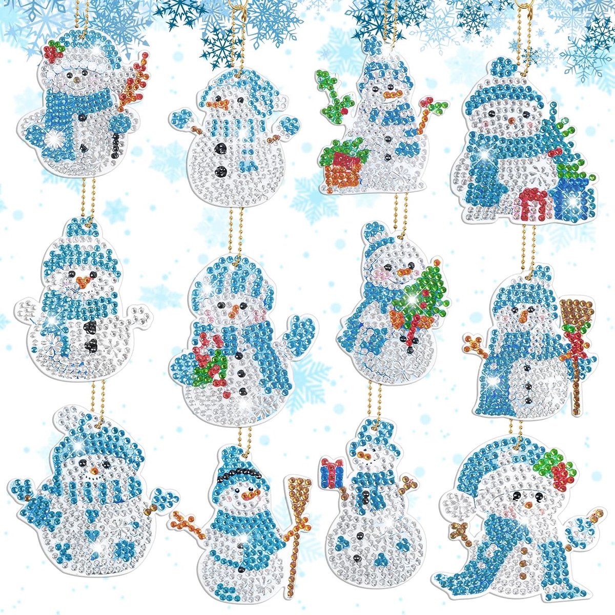 Diamond Painting kersthangers, 12 stuks, 5D diamond painting, kinderhanger, dubbelzijdig sneeuwpop, doe-het-zelf diamond paintings, knutselset voor kinderen, cadeauhangers, kerstboomdecoratie