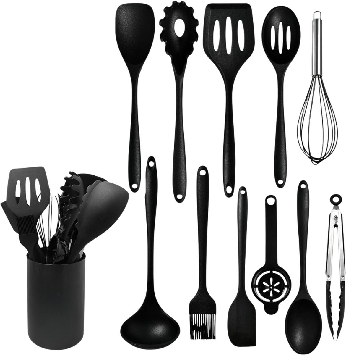 Verte - Keukengerei Set met Houder - 12 Stuks - Zwart - Siliconen - Inclusief Hittebestendige Spatel - Garde En Lepel - Geschikt Voor Koken En Bakken