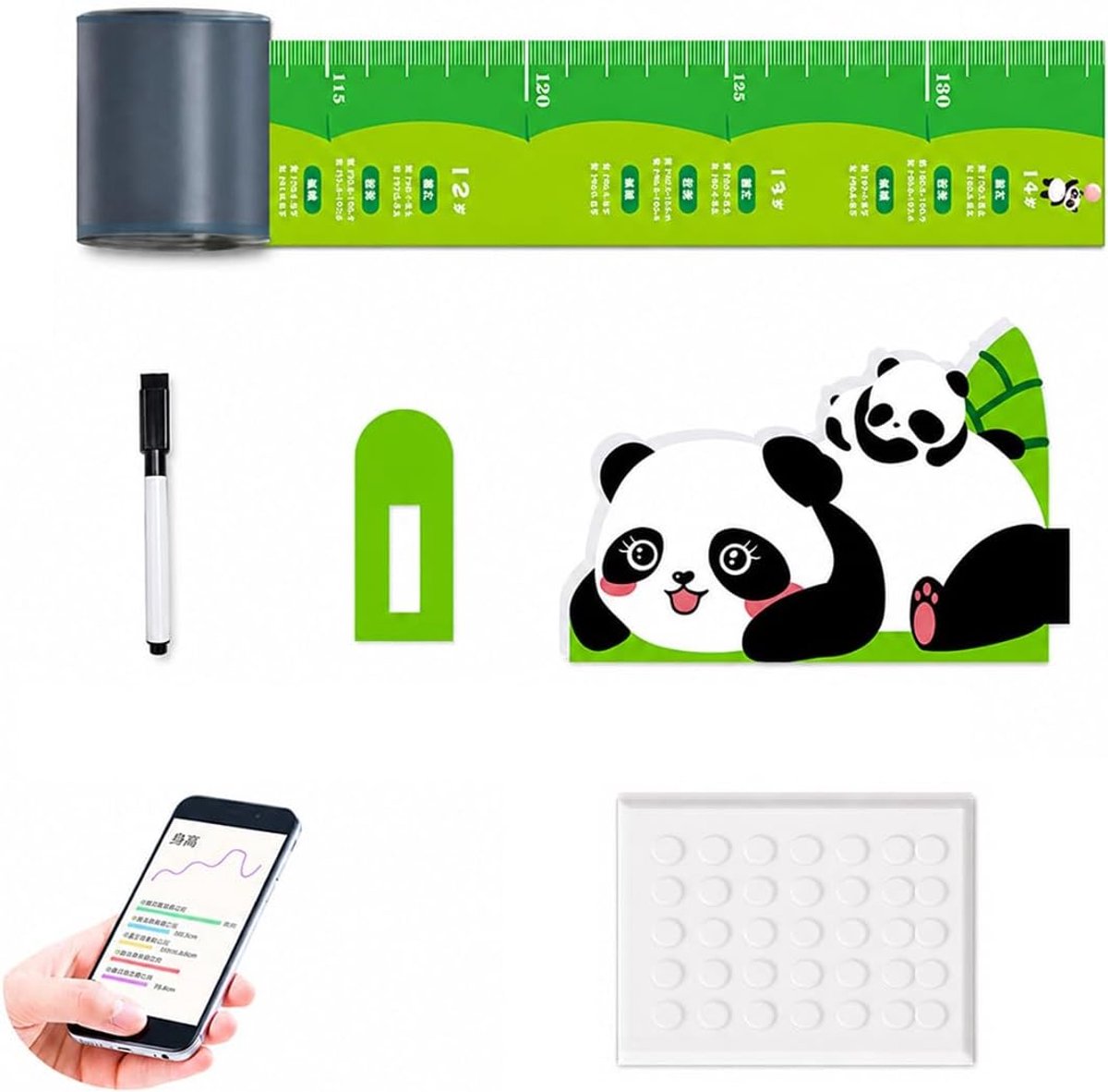 1 set panda-meetlat voor kinderen, beweegbare meetlat van kunststof, meetbereik 80-180 cm, ideale wanddecoratie voor hoogtebewaking in de kinderkamer