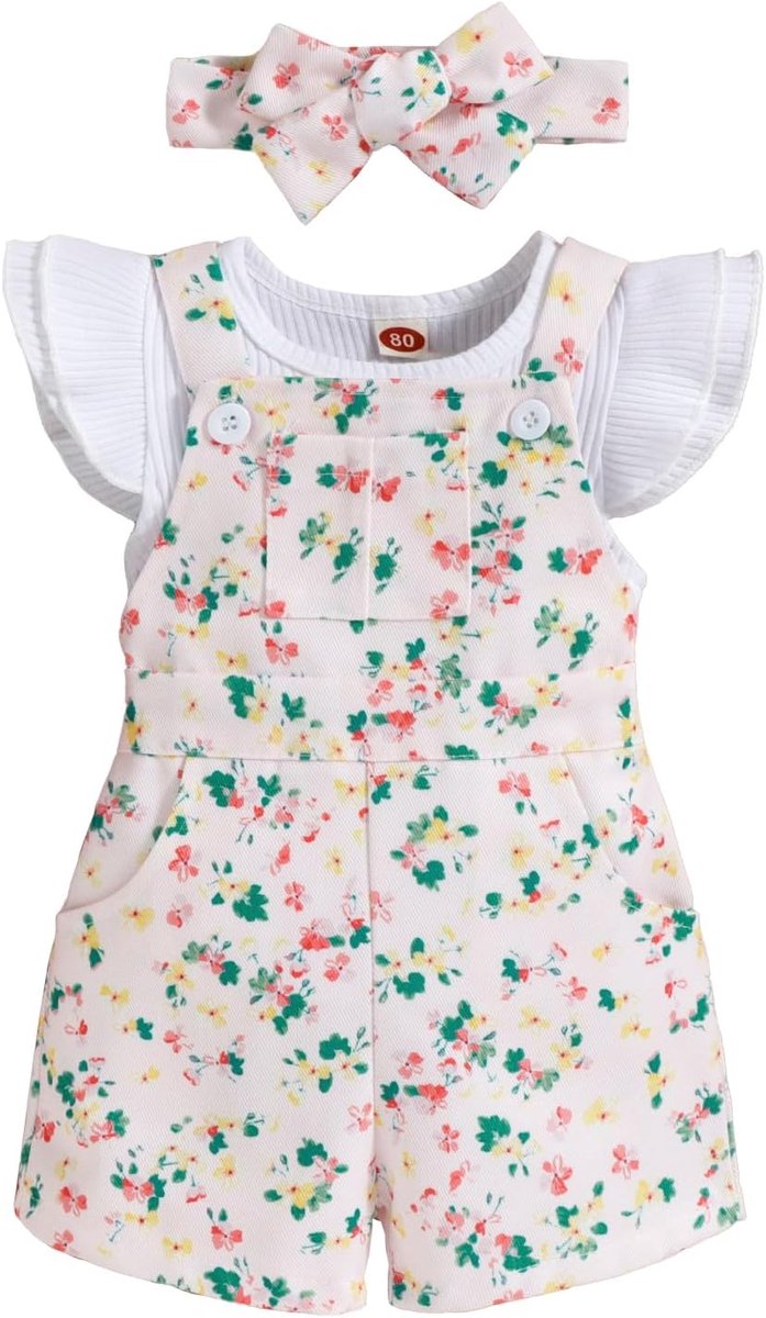 Mouwloos, geribbeld, bovenstuk, shorts met bretels en bloemenpatroon, pasgeborenkleding voor meisjes