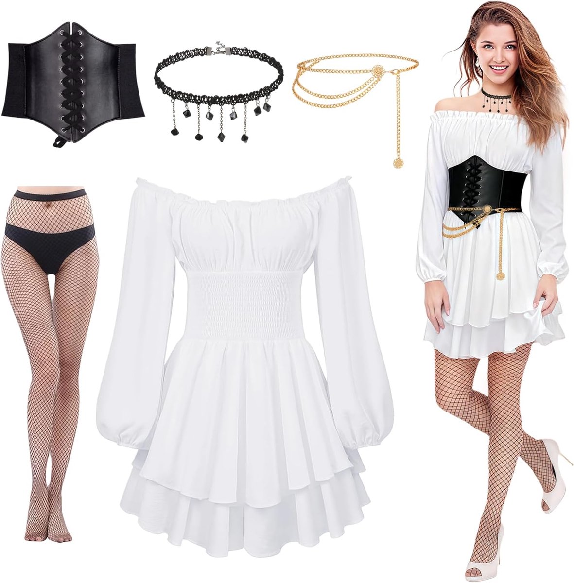 Piratenkostuum voor dames, victoriaans renaissance-kostuum, middeleeuws, met witte jurk, voor carnaval, Halloween
