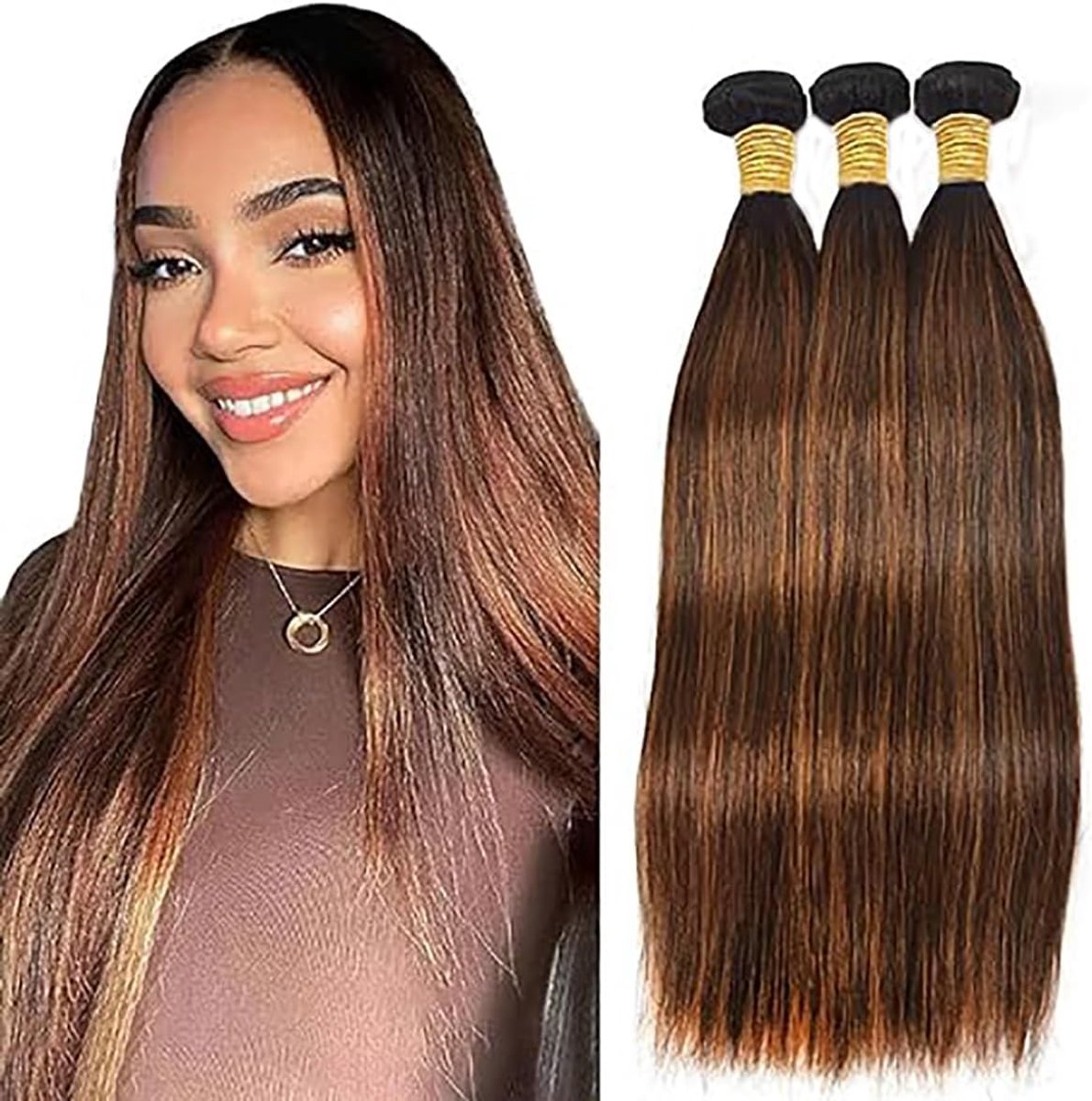 Highlight Brown Straight Human Hair Bundles Double Weft Unprocessed Brazilian Remy Hair Extensions Premium Menselijk haar With Minimal Tangle 20 22 24 Inch For Women