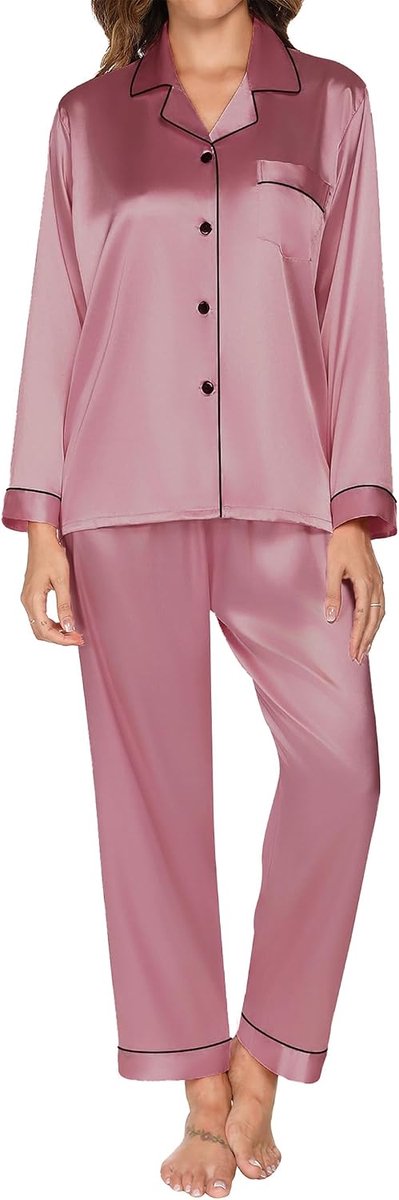 Pyjama dames lange mouwen pyjama set met knoopsluiting V-hals tweedelige nachtkleding zachte zijden pyjama's klassieke loungewear huispak