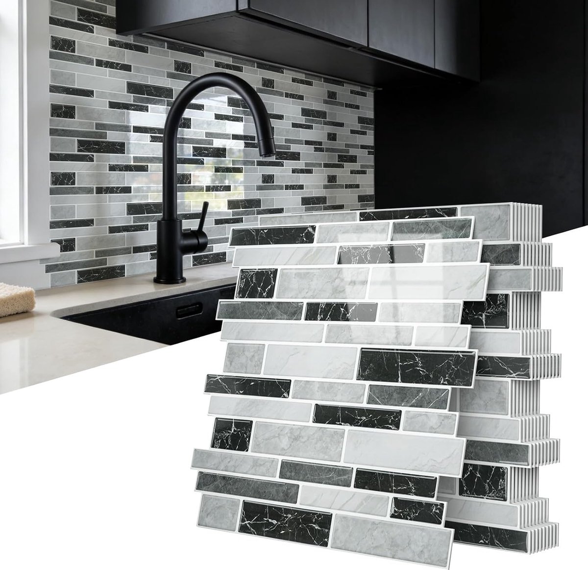 Tegelstickers voor keuken, 30 x 30 cm, zelfklevende wandbekleding van pvc met marmereffect, spatbescherming voor keuken en badkamer, marmer zwart en grijs, 10 stuks