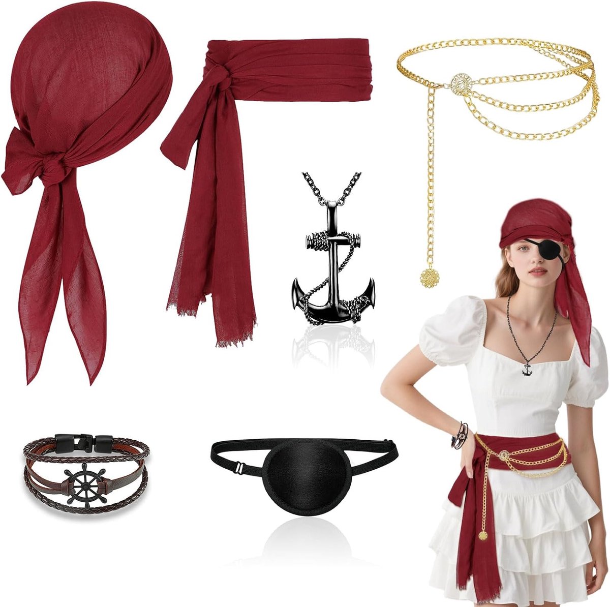 6 stuks piratenkostuum accessoires set, middeleeuwse vrouwen piraten fancy dress kit, bandana sjerp riem, anker hanger armband ketting, taille ketting, ooglapje, voor Halloween, cosplay