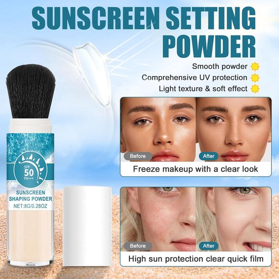 Sunscreen Setting Powder voor het gezicht met kwast, SPF 50, oliecontrole, lichtdoorlatend, licht, ademend en duurzaam, zonwering voor alle huidtypes — afbeelding 4