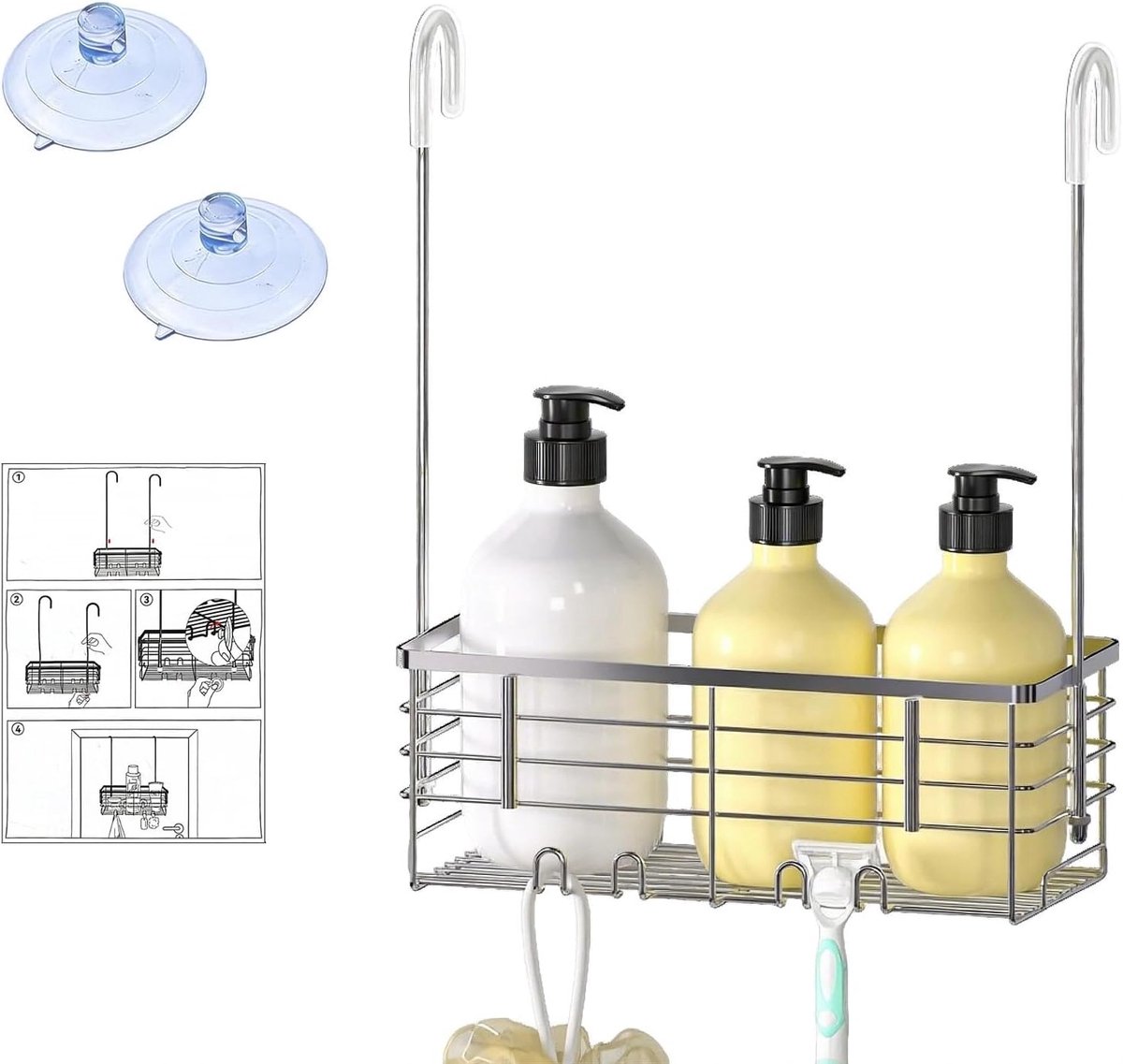 Houder voor douche, doucheplank om op te hangen, douchemand zonder boren, doucheplank van roestvrij staal voor douche, zonder boren, organizer voor badkamer, badkamerorganizer, voor shampoo