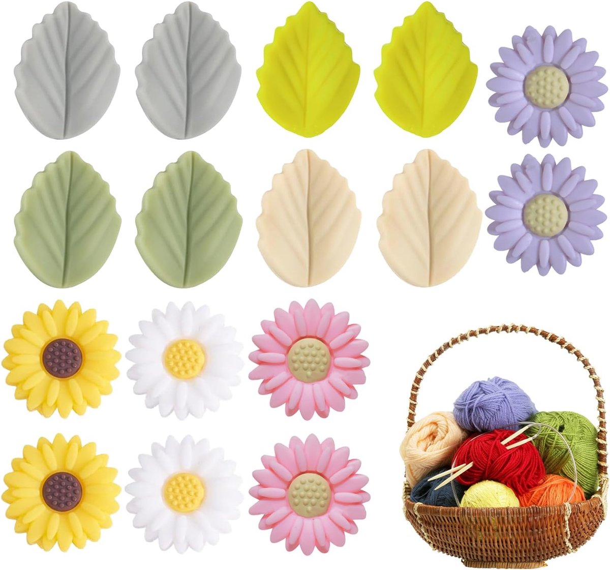 16 stuks maasstoppers, kleurrijke madeliefjes, bloemen en bladeren, maasstopper voor breinaalden, voor breien, naaien, quilten, haken, doe-het-zelf kunstproject