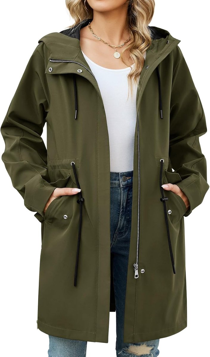 Lichte damesjas met capuchon, lange jas met verstelbare taille, parka, windjack, waterafstotend, voor lente en herfst