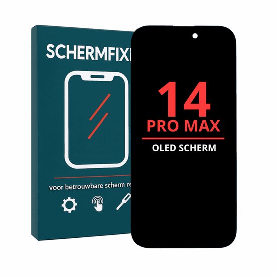 iPhone 14 Pro Max OLED scherm. De verpakking toont "SCHERMFIXI" en "voor betrouwbare scherm re".
