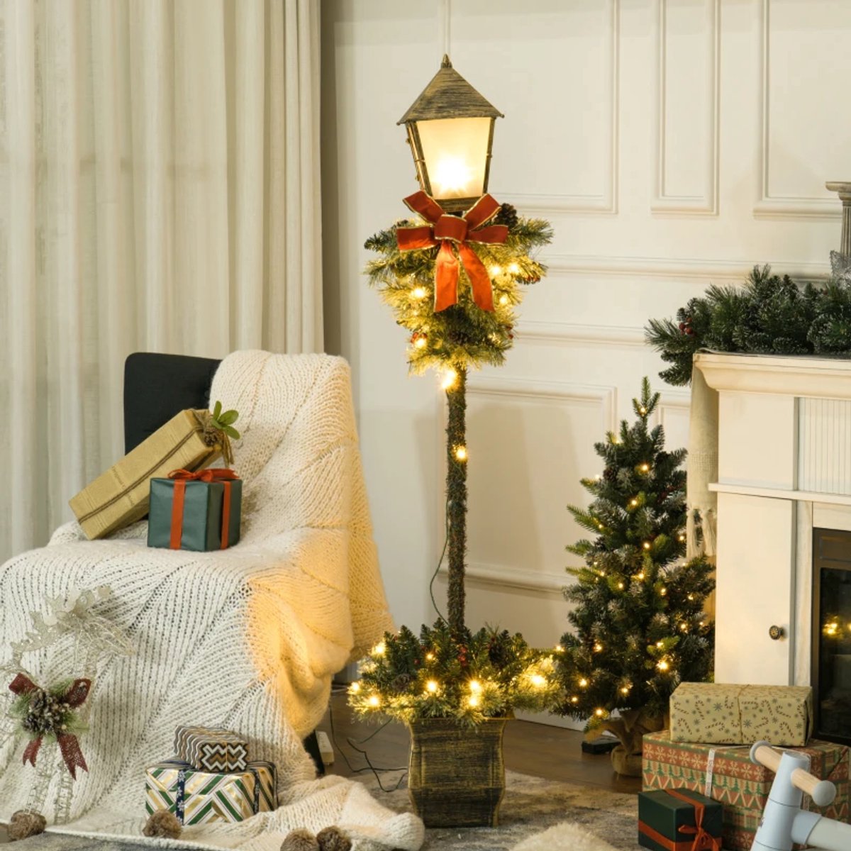 Kerstversiering - Kerstlantaarn Met Bessen, Kegels En Strik - LED-verlichting - Metalen Paal - 150 cm – foto 5