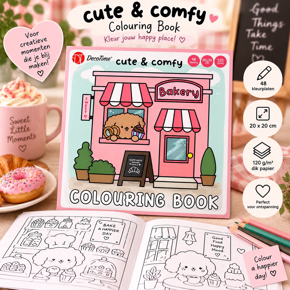 DecoTime Cute & Comfy Kleurboek – 48 Kleurplaten – 20 x 20 cm – Schattige Kleurplaten – Ontspannend Kleuren