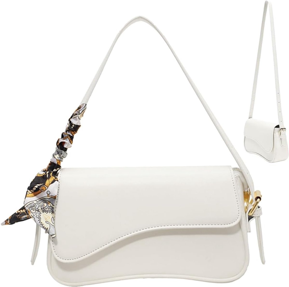 Stijlvolle witte leren schoudertas met 2 schouderbanden en zijden sjaal, trendy crossbody tas voor vrouwen, perfect voor mobiel en dagelijks gebruik