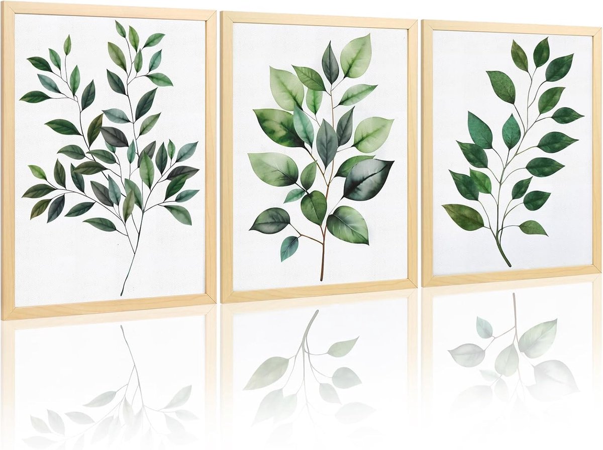 XINGYATU Set of 3 Modern Pictures Living Room Poster Set, Framed Canvas Wall Art, Botanical Green Leaves Decoration - ShopVlot