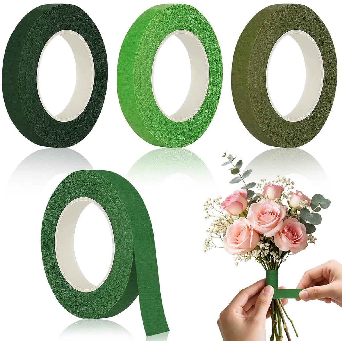 Zelfklevend bloemenlint 1,2cm x 27m - Bloemistentape set van 4 rollen - Natuurlijke kleuren - ShopVlot