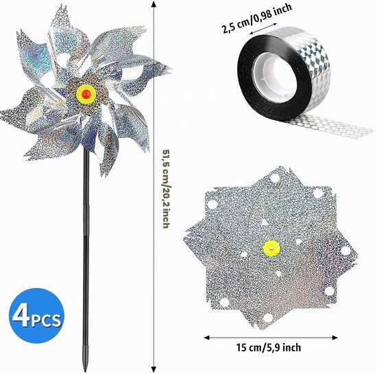 Reflecterende Windmolens voor Vogels, 4 Stuks, Effectieve Vogelafschrikking voor Tuin en Balkon, Ideaal voor Fruitbomen en Tuinplanten — afbeelding 3