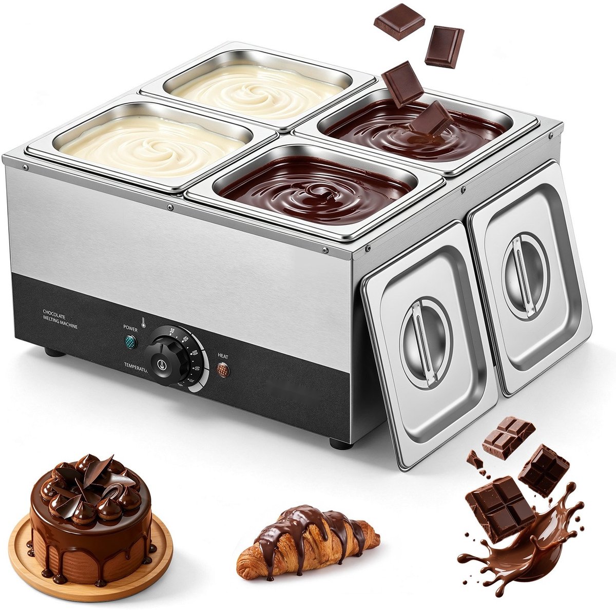 Chocoladesmeltmachine - Chocoladetempereermachine - 4 Verwijderbare Roestvrijstalen Bakken - 1,2 kW - Temperatuurregeling 30-85 °C - Droogloopbeveiliging