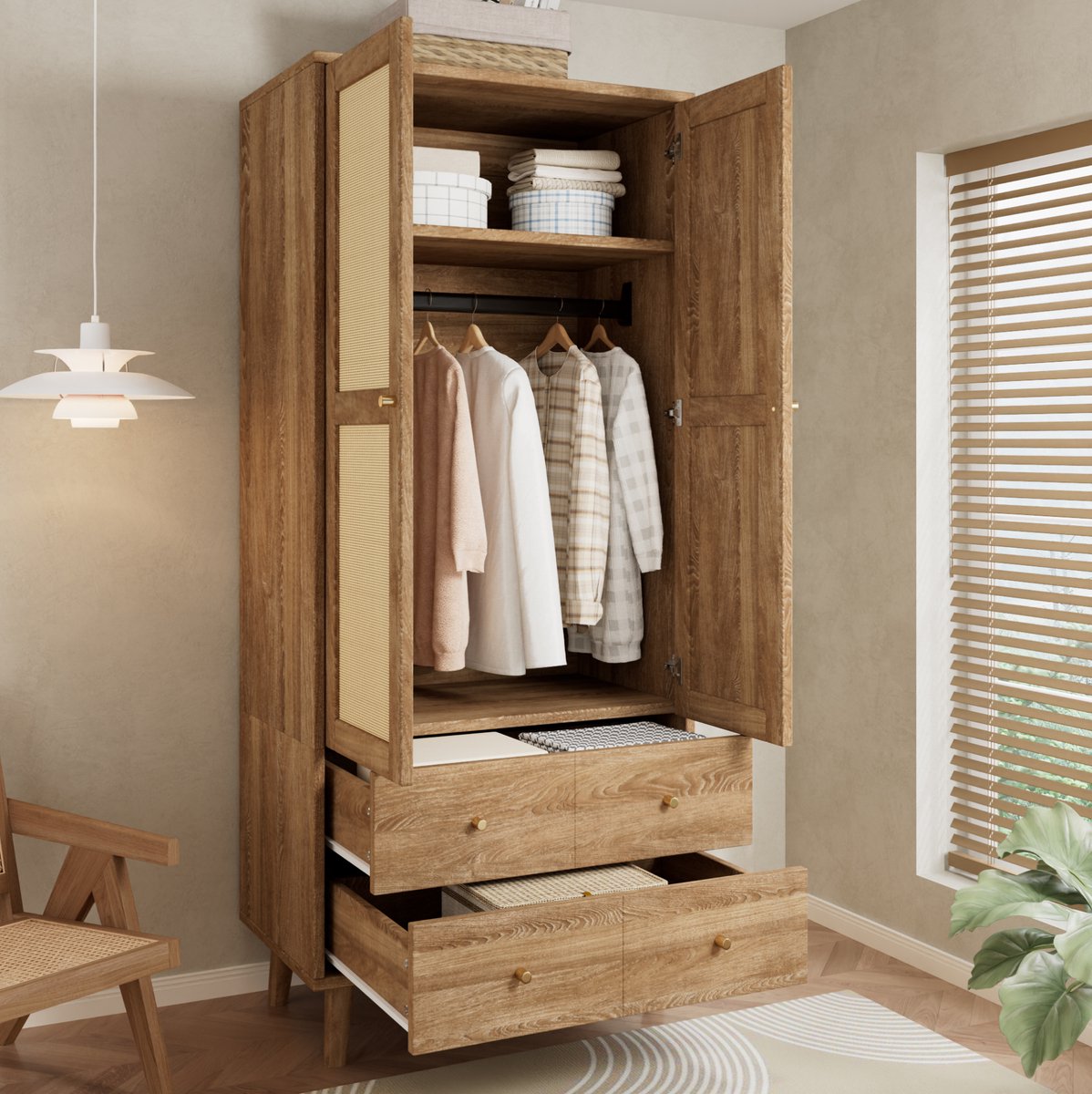 OKWISH Kledingkast - Rattanontwerp Met Kledingstang En 2 Lades - Voor Slaapkamer En Hal - 80 x 50 x 180 cm - MDF - Naturel Walnoot Natuurlijk walnoot