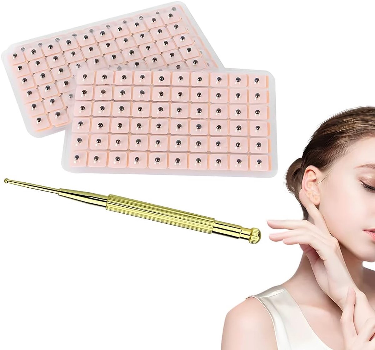 Ear Seeds - 600 Acpressure Seeds + 1 Copper Spring Probe, on Pink Cardboard Holder, Complete Set for Ear Acupuncture - ShopVlot