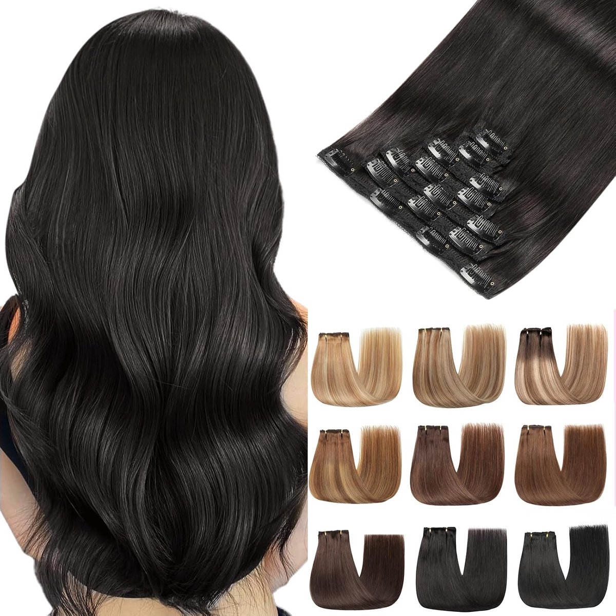 Clip In Hair Extensions 7 Pieces 120g 45cm Straight Human Hair Extensions Natural Black (18Inch, 1B#)