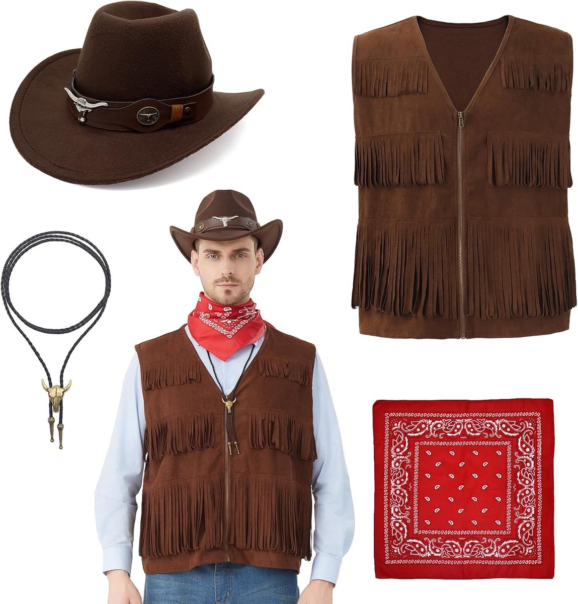 Cowboykostuum voor volwassenen, 4 stuks, westernvest voor heren, voor Halloween, carnaval, wilde westthemafeesten
